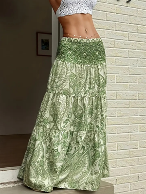 Smocked Elastic Beach Paisley Print Tiered Maxi Skirt-Blue Hand Home