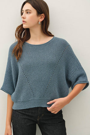 POINTELLE DOLMAN SLEEVE CROPPED SWEATER-Blue Hand Home