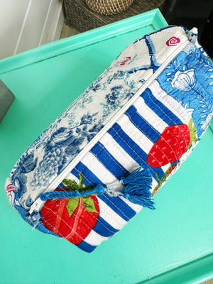 Quilted Makeup Bag | Cosmetic Toiletry Bag | Blue Patchwork-Blue Hand Home