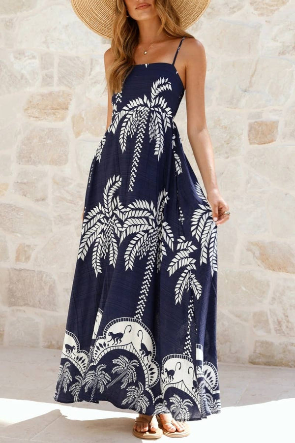 Tropical vacation palm print A-line strappy maxi dress-Blue Hand Home