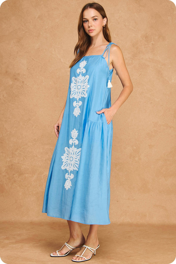 Floral Embroidered Sleeveless Tassel Tie Strap Midi Dress