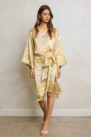 Conversational Scarf Satin Sash Kaftan Dress-Blue Hand Home