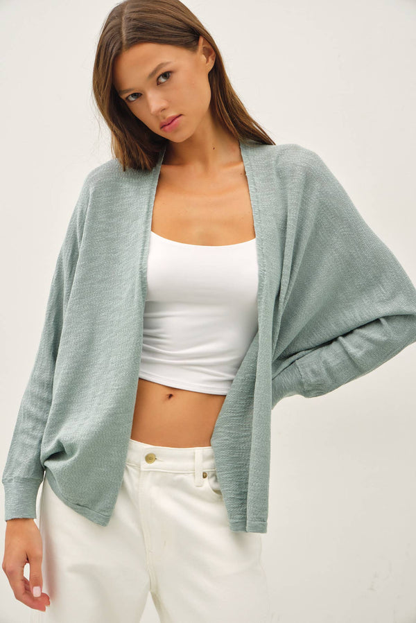 OPEN FRONT DOLMAN SLEEVE SLUB CARDIGAN-Blue Hand Home