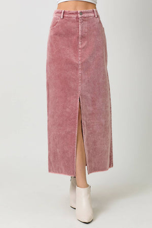 60742 Washed Front Slit Corduroy Skirt-Blue Hand Home