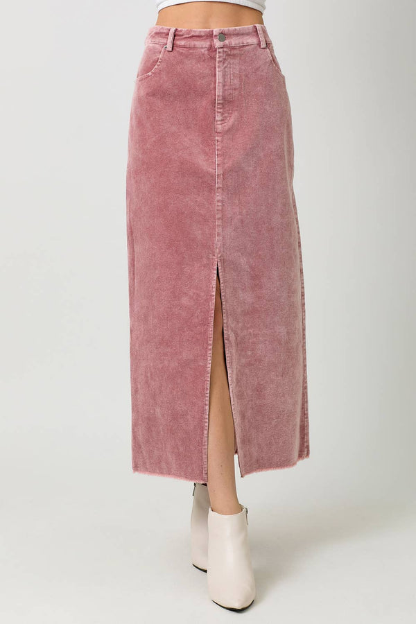 60742 Washed Front Slit Corduroy Skirt-Blue Hand Home