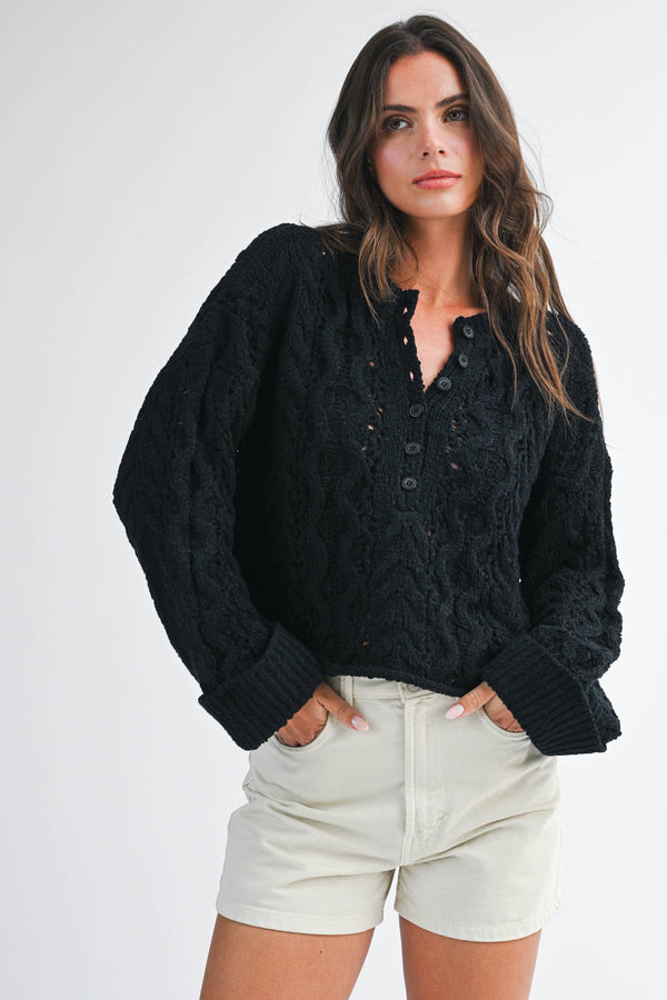 3463hk Textured Cropped Henley Knit Sweater