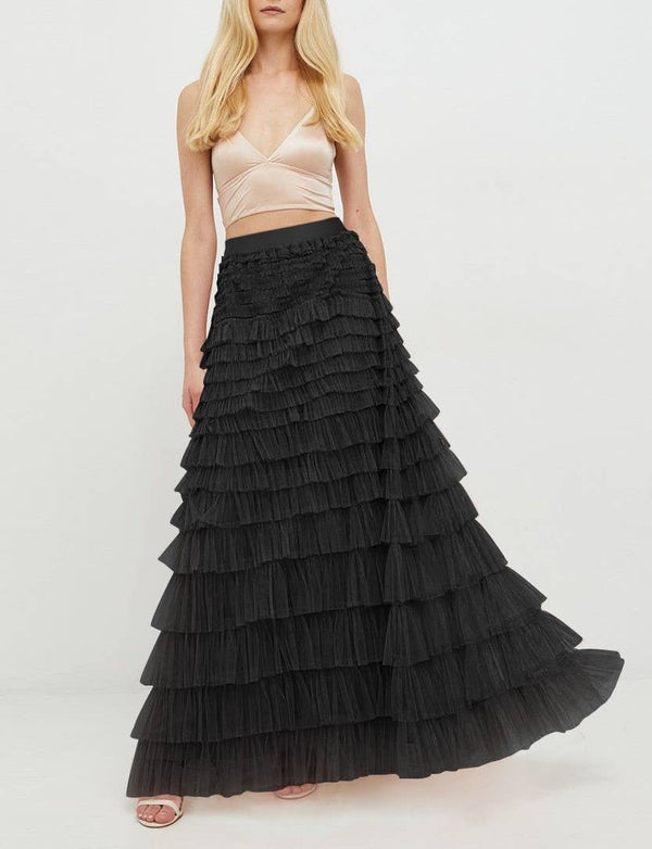 Elastic waist ruffle tulle maxi skirt-Blue Hand Home