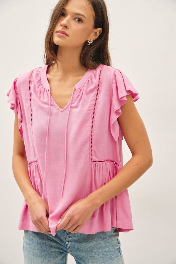 TIE FRONT RUFFLE SLEEVE TOP-Blue Hand Home