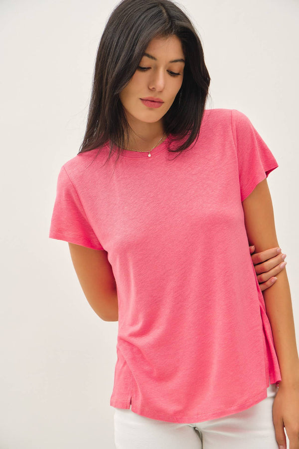 LINEN CLASSIC ROUND NECK SPLIT HEM T-SHIRT-Blue Hand Home