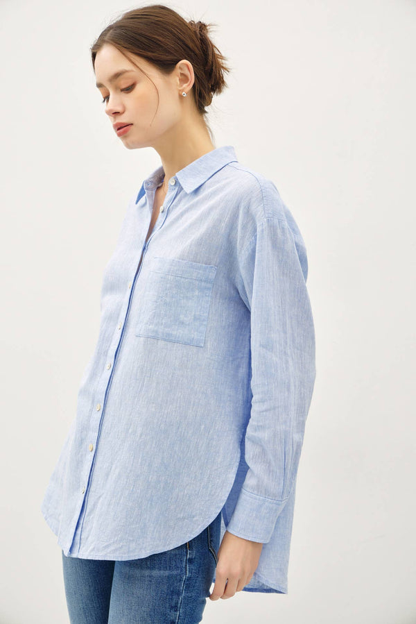 COTTON LINEN BLEND LONG SLEEVE BUTTON UP SHIRT-Blue Hand Home