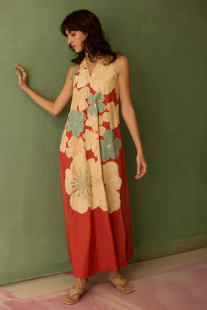 Hibiscus Anaar Soft Drape Maxi Dress - Coral-Blue Hand Home