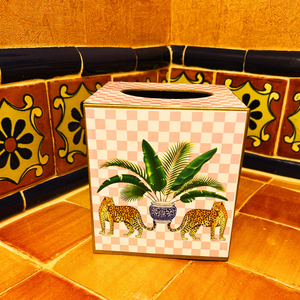 Paper Mache Kleenex box with leopards holding a vase of palm-Blue Hand Home