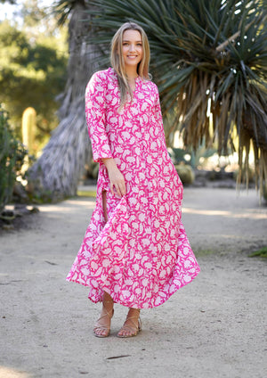 Calypso Dress Pink White-Blue Hand Home