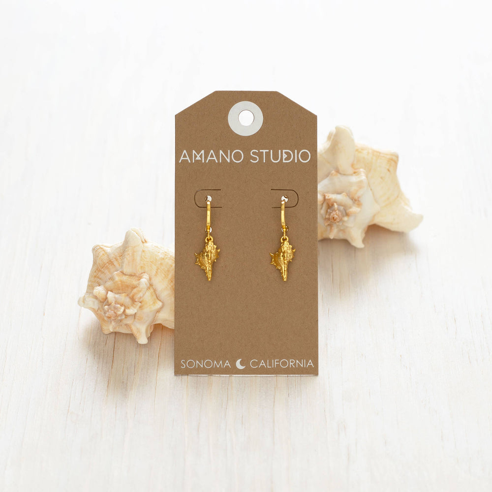 Conch Shell Huggie Hoop Earrings-Blue Hand Home