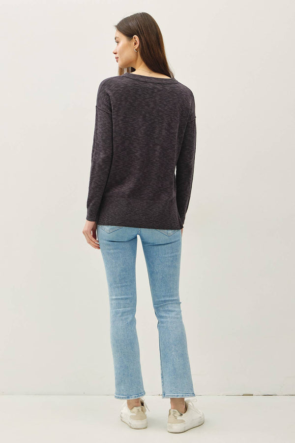 SLUB YARN ROUND NECK SWEATER WITH CHEST POCKETS-Blue Hand Home