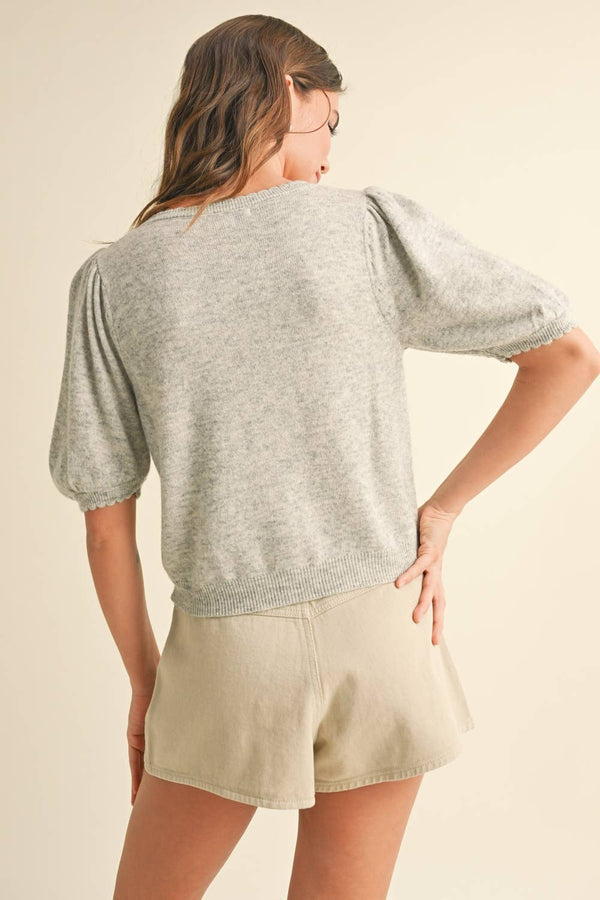 J5056 PUFF SHORT SLEEVE BUTTON DOWN KNIT CARDIGAN-Blue Hand Home