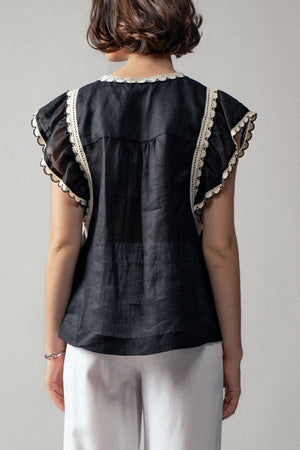 Vintage Lace Flutter Sleeve Woven Top-Blue Hand Home