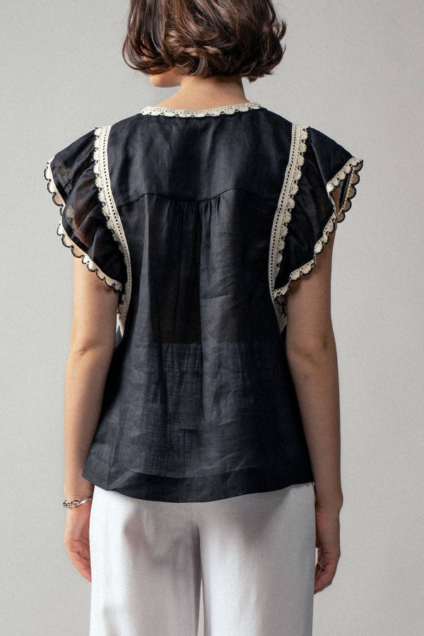 Vintage Lace Flutter Sleeve Woven Top-Blue Hand Home