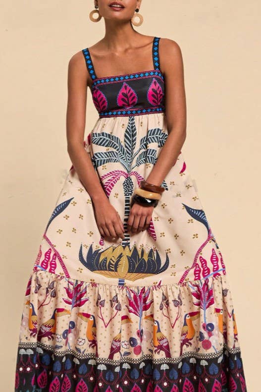 2025 SUMMER Bohemia Tropical totem print strappy flare dress-Blue Hand Home