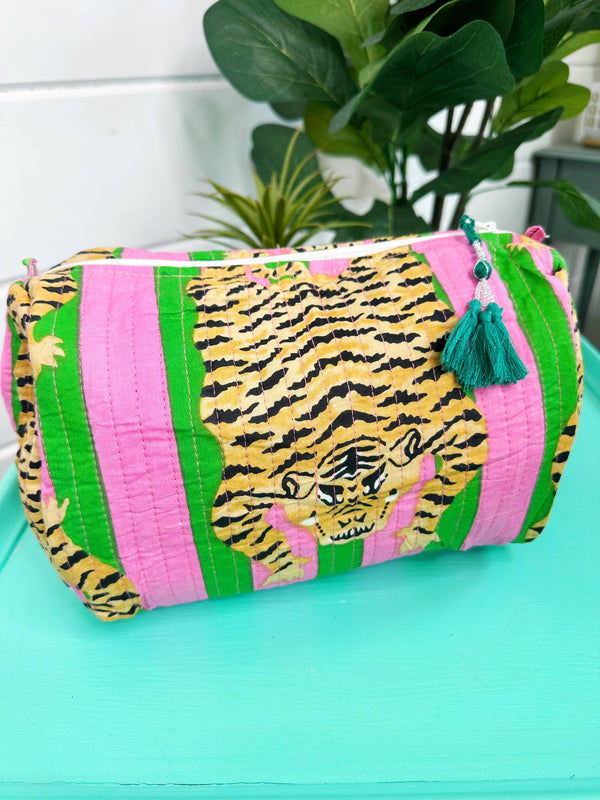 Quilted Makeup Bags | Cosmetic Toiletry Bag | Tiger Print-Blue Hand Home