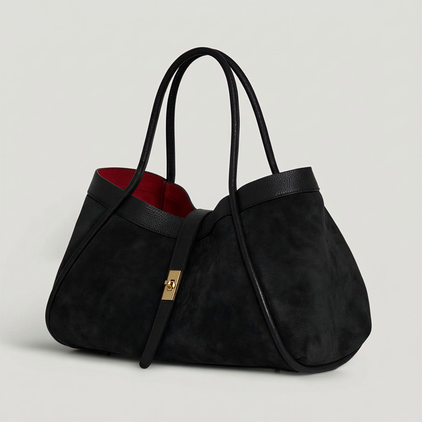 Genuine Suede And Togo Leather Bag, Made In Italy With Strap: Black