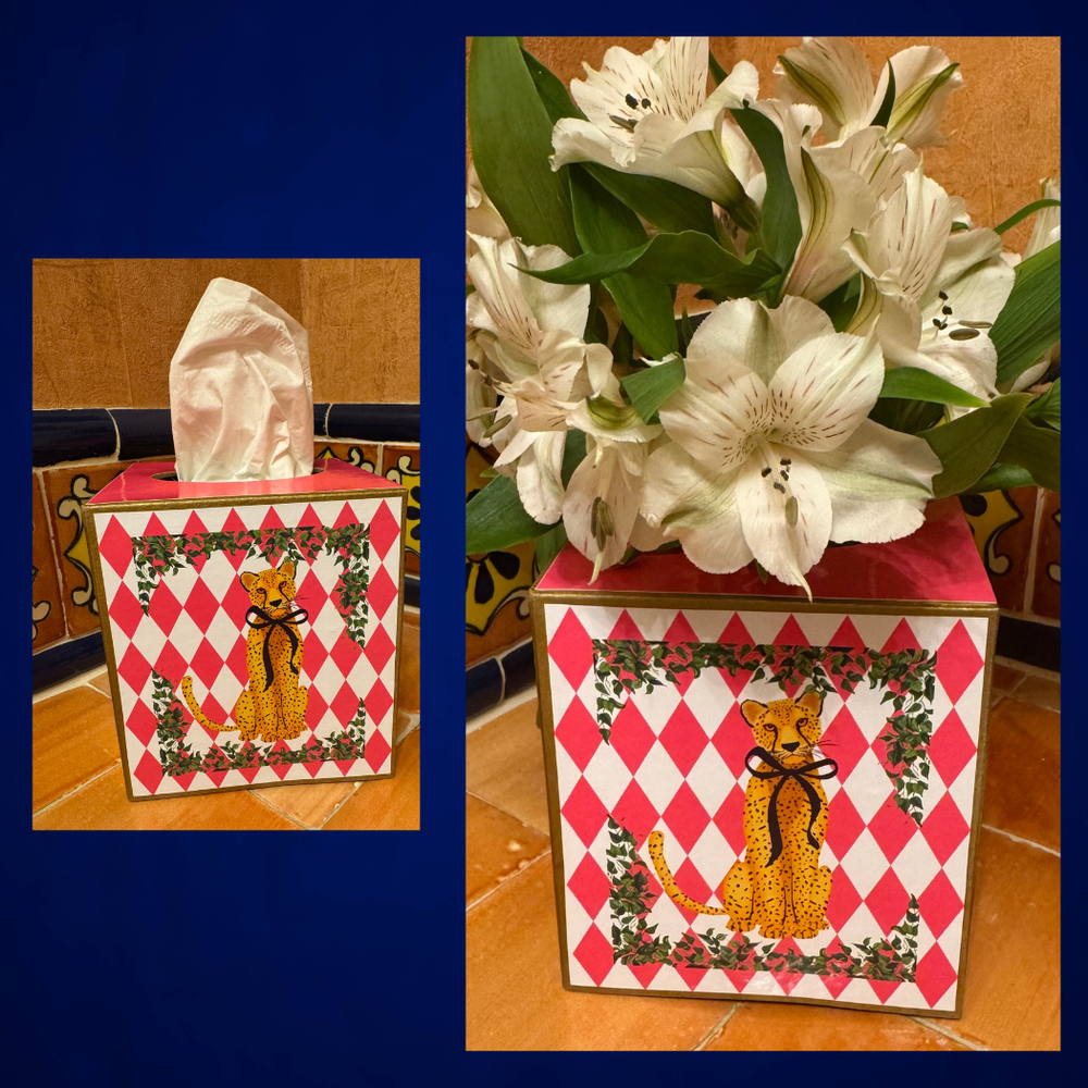 Paper Mache Kleenex Box with leopard w/ blk bow and flowers-Blue Hand Home