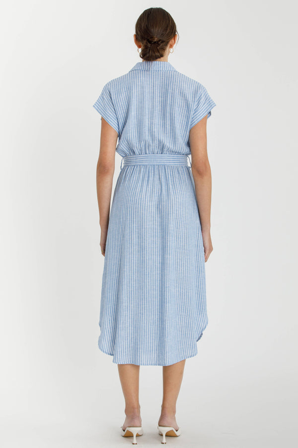 STRIPED UTILITY STYLE SHIRT DRESS W WAIST TIE-Blue Hand Home