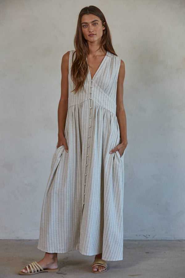 L7883 | Woven Linen Cotton Striped Buttondown Maxi Dress-Blue Hand Home