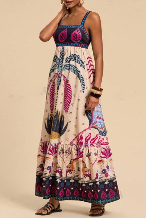 2025 SUMMER Bohemia Tropical totem print strappy flare dress-Blue Hand Home