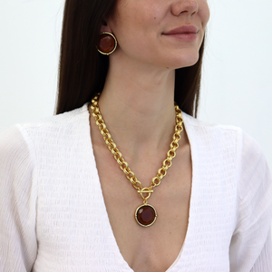 Mocha Stone Pendant Necklace - 24K Gold Plated