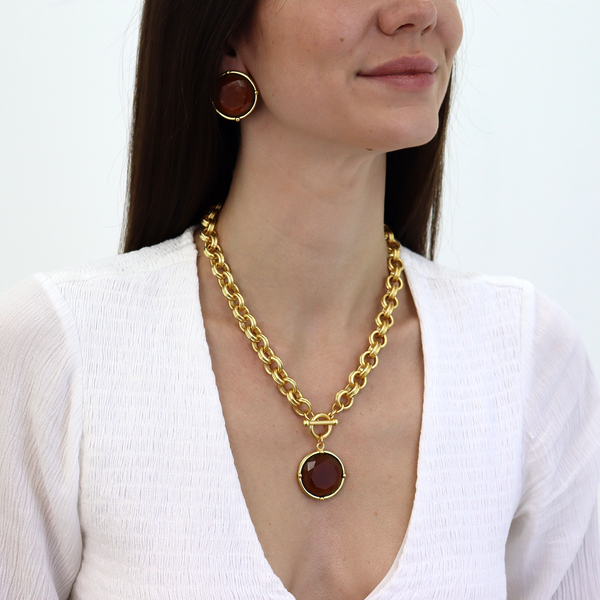 Mocha Stone Pendant Necklace - 24K Gold Plated