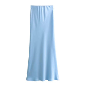 Ladies Solid Color Satin Midi Skirt 5515-Blue Hand Home