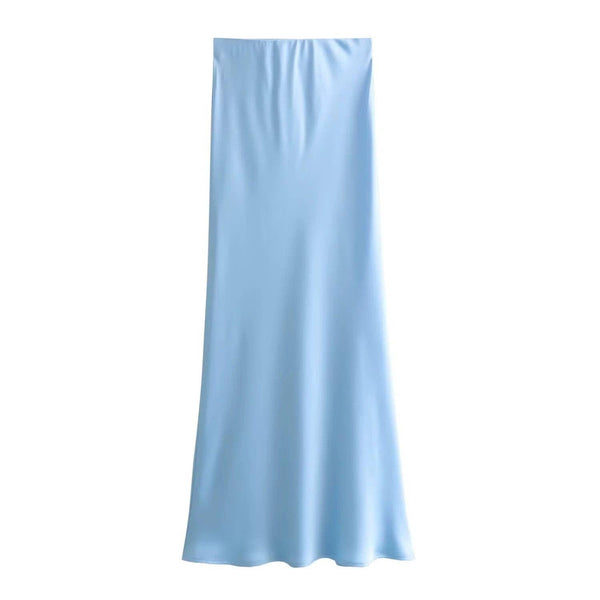 Ladies Solid Color Satin Midi Skirt 5515-Blue Hand Home