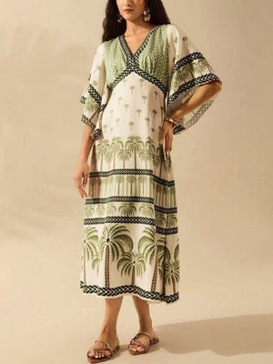 Exotic Tropical/ Floral Flair V-Neck Bell Sleeve Dress-Blue Hand Home
