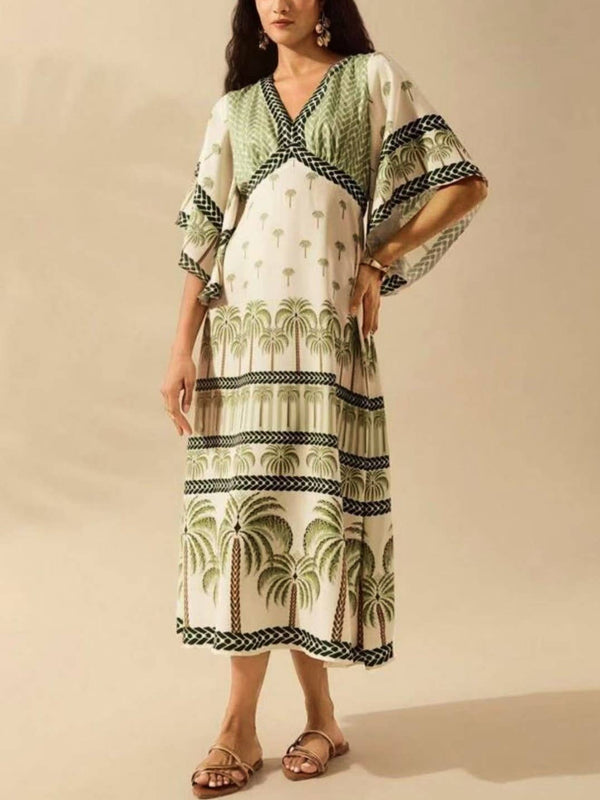 Exotic Tropical/ Floral Flair V-Neck Bell Sleeve Dress-Blue Hand Home