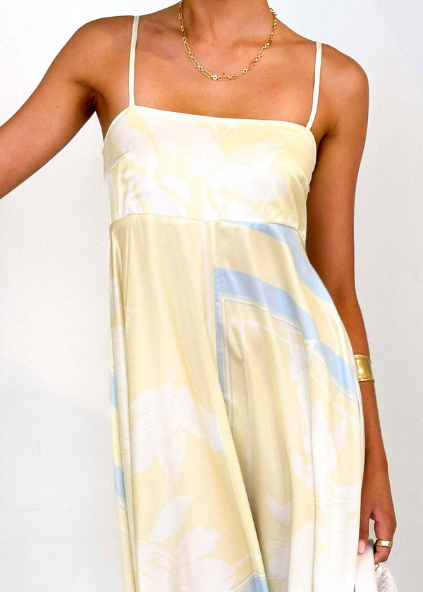 2025 Tropical botanical Floral thin strap flare swing dress-Blue Hand Home