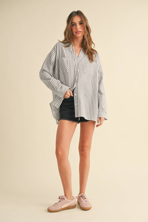 T5276 Striped Pattern Button Down Shirts-Blue Hand Home