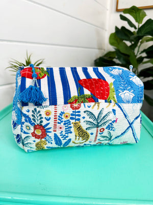 Quilted Makeup Bag | Cosmetic Toiletry Bag | Blue Patchwork-Blue Hand Home