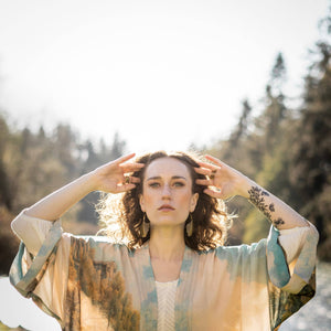 Awakening Opera Duster Kimono Robe w/Landscape and Eagle-Blue Hand Home