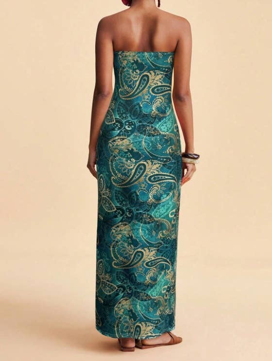 Tropical Floral Print Strapless Maxi Dress Tube Dress-Blue Hand Home