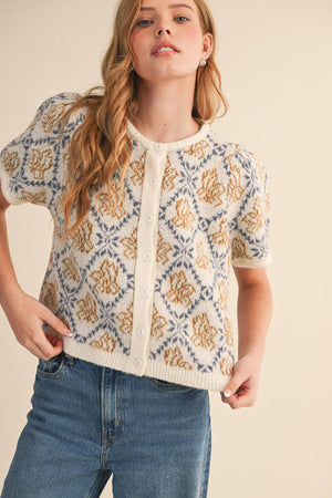 FLORAL SHORT SLEEVE SWEATER CARDIGAN MSW11258-Blue Hand Home