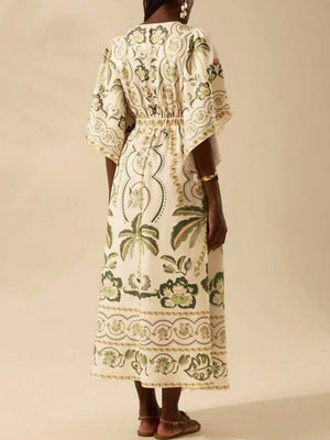 Exotic Tropical/ Floral Flair V-Neck Bell Sleeve Dress-Blue Hand Home