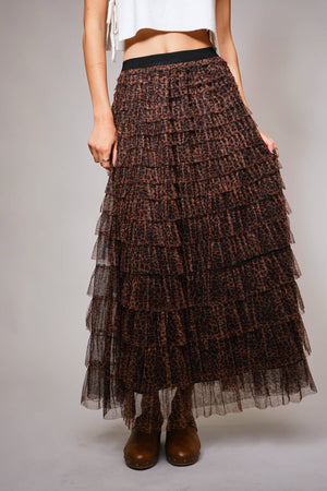 33131s - High Waist Elastic Tiered Ruffle A-Line Maxi Skirt