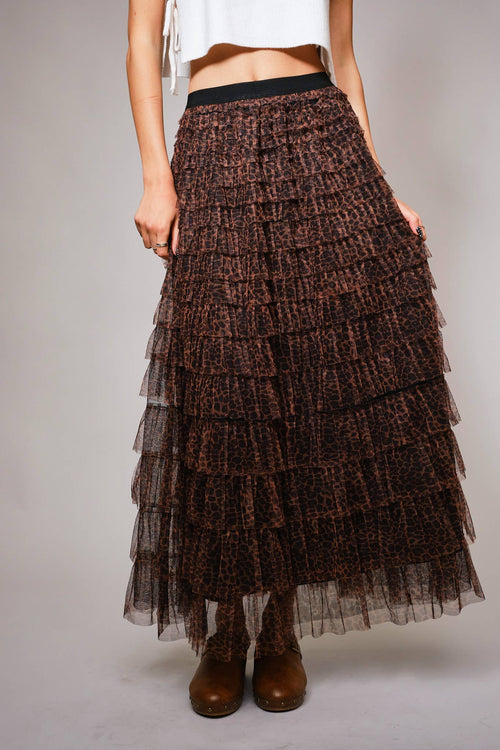 33131s - High Waist Elastic Tiered Ruffle A-Line Maxi Skirt