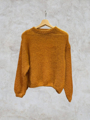 Round neck long sleeve sweater in 80% kid mohair-Blue Hand Home