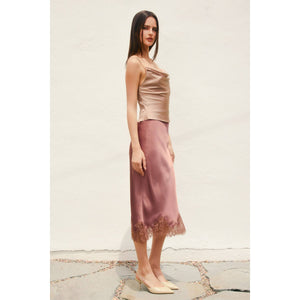 Dull Satin Lace Hem Pencil Skirt-Blue Hand Home