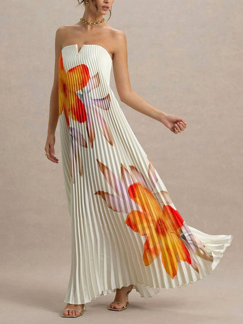 Bergamot Floral Pleated Sweetheart Neck Maxi Dress-Blue Hand Home