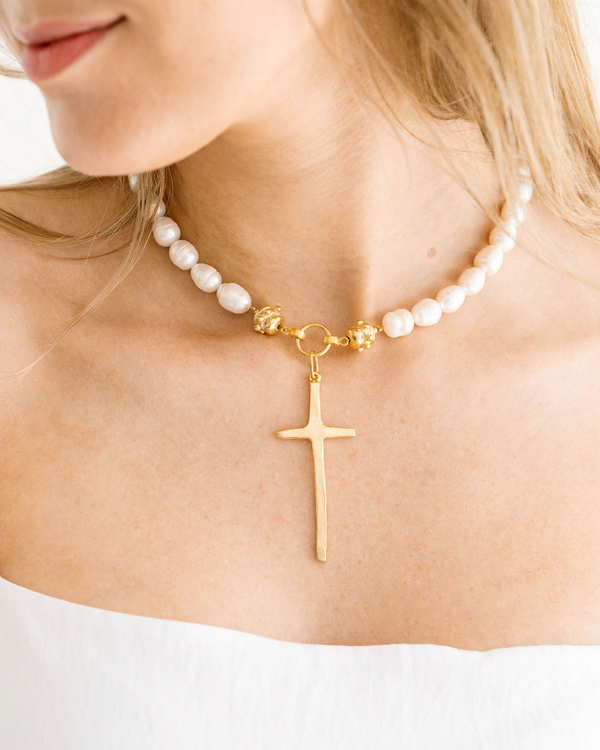Elongated Cross Pearl Necklace-Blue Hand Home