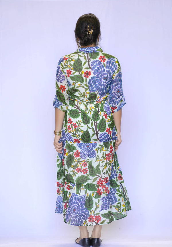 Cotton Tiered Shirt Dress-Blue Hand Home