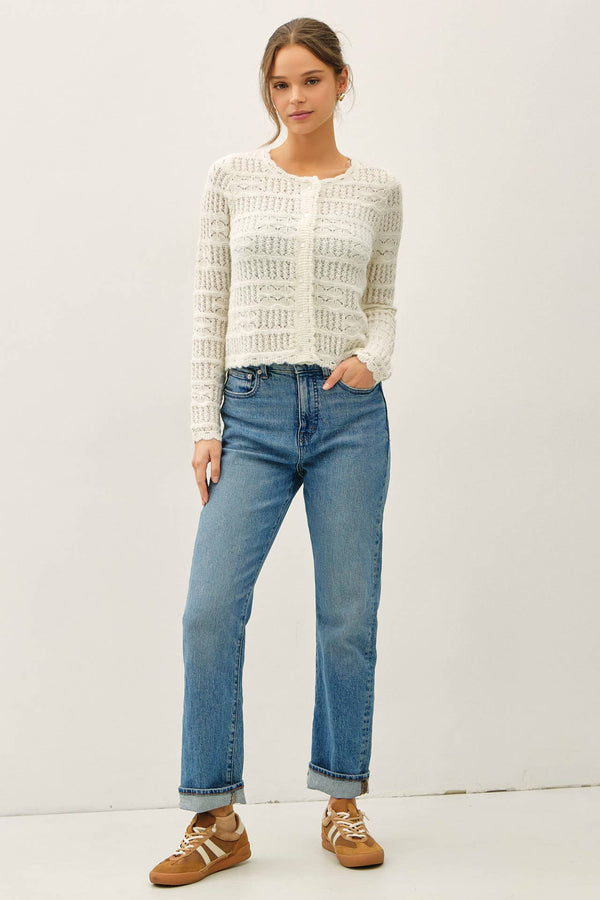 Openwork Knit Scalloped Edge Cardigan-Blue Hand Home